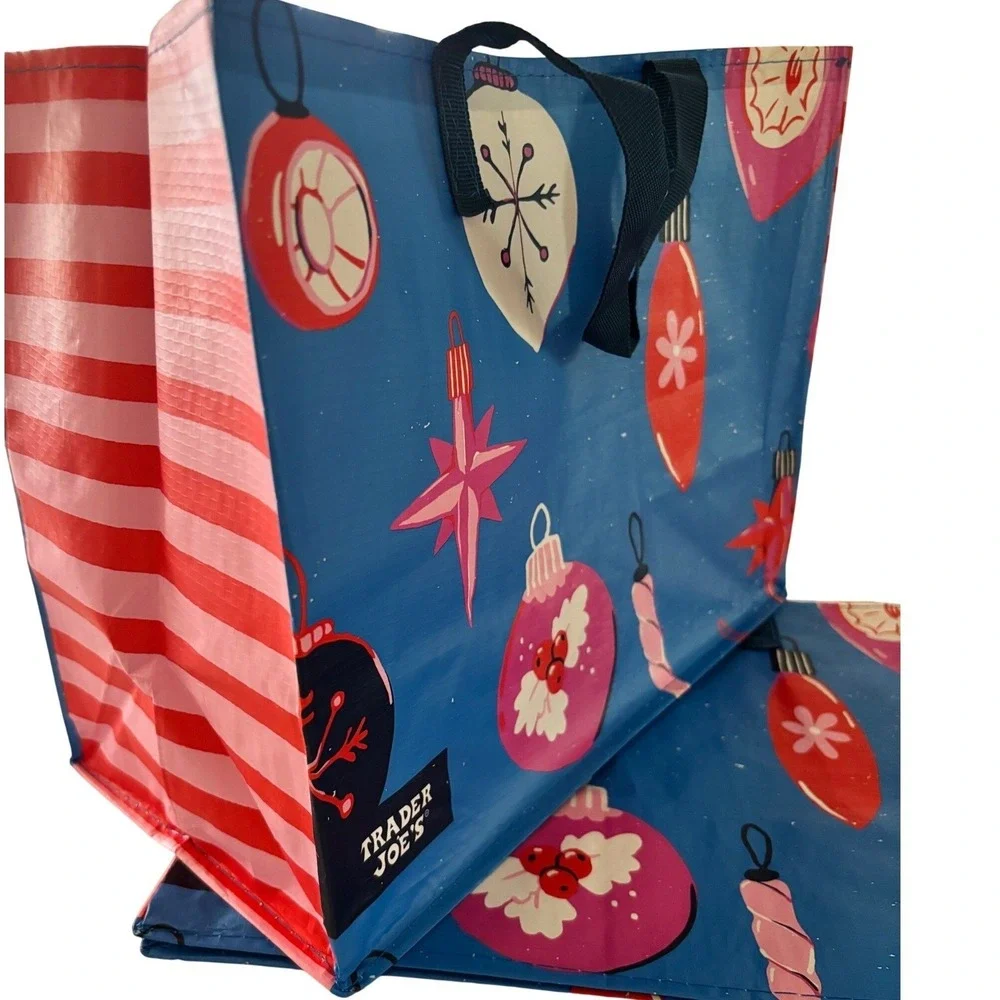 Trader Joes Reusable Gift Bag Holiday 2025 Ornaments Blue Pink‎ Christmas - 2